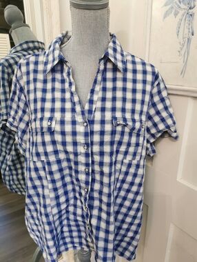 Womens Riders by Lee Easy Care Bohowestern Cowgirl Blue Check Plaid Shirt. 1X